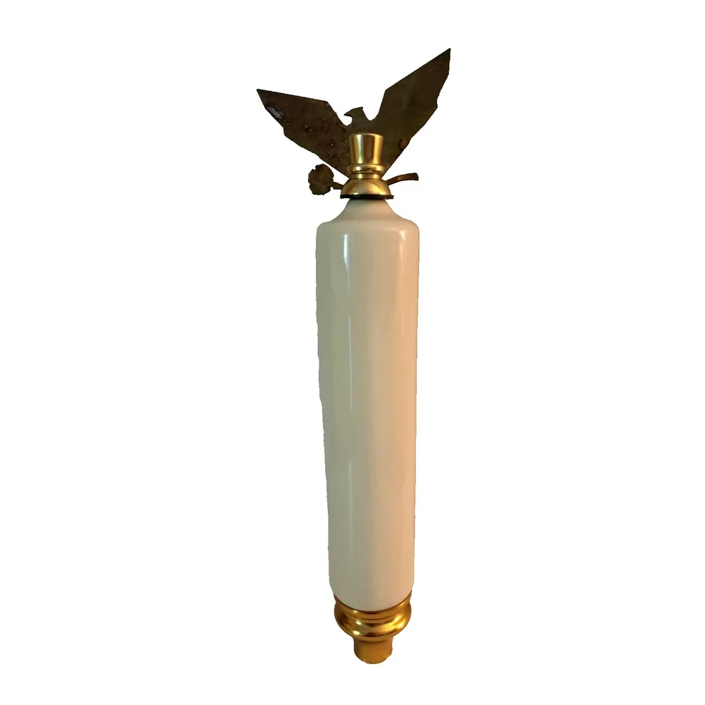 PLAIN UNBRANDED PEARL WHITE BEER TAP HANDLE GOLD TRIM EAGLE METAL TOP 3D 12